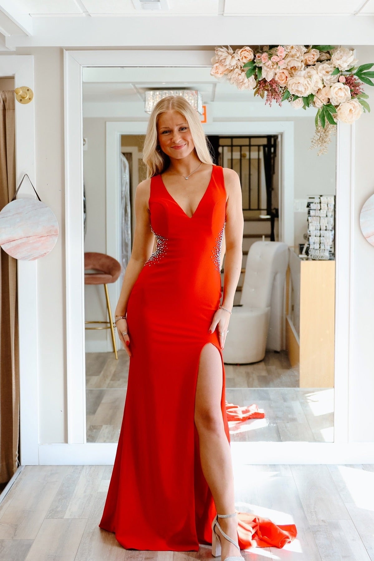 Attractive Long Red V-Neck Sleeveless Backless Column Prom Dress with Rhinestones and Slit