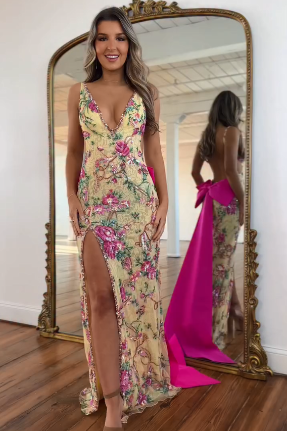 Attractive Long V-neck Sleeveless Lace Beaded Prom Dress with Slit and Bow