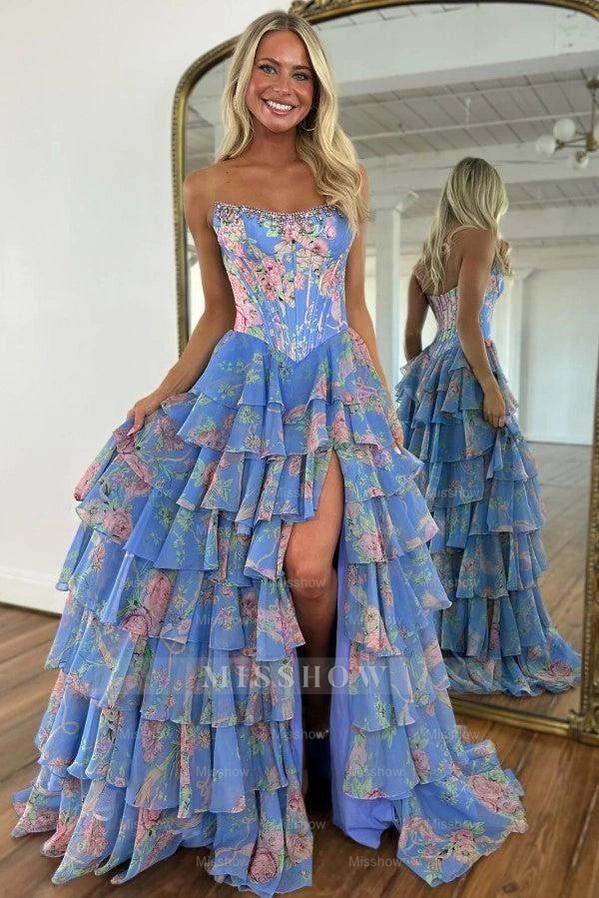 Attractive Long Yellow A-line Strapless Corset Prom Dress with Slit