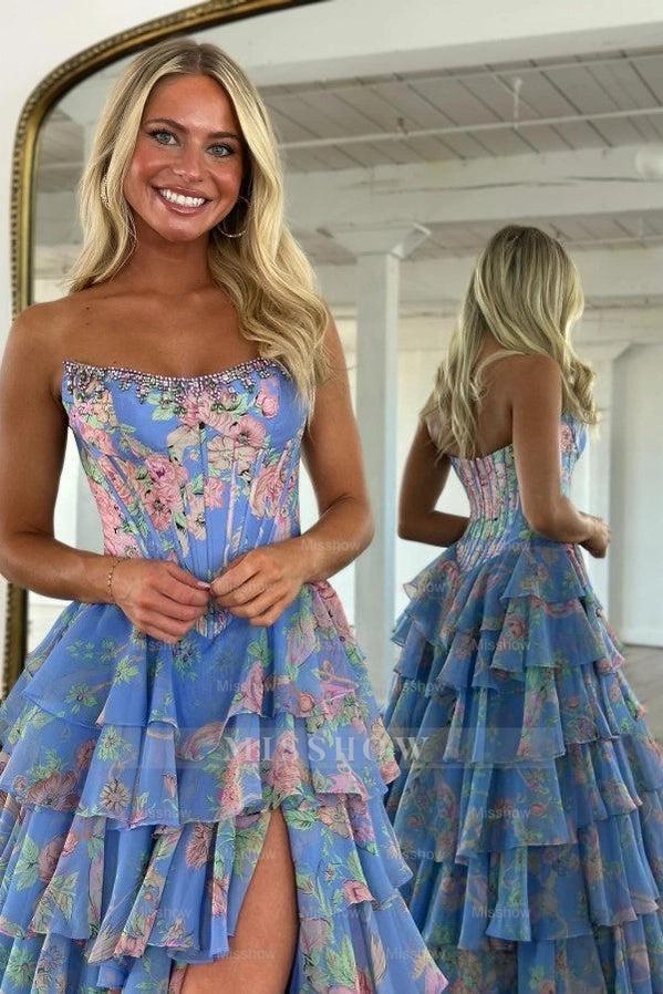 Attractive Long Yellow A-line Strapless Corset Prom Dress with Slit