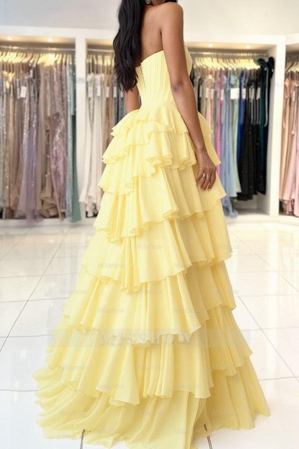Attractive Long Yellow Strapless Lace Prom Dress with Slit