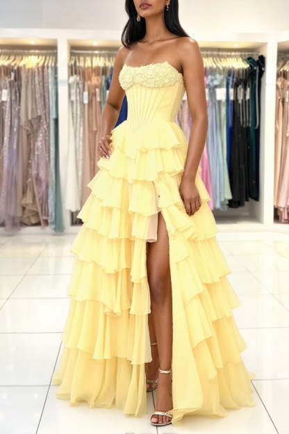 Attractive Long Yellow Strapless Lace Prom Dress with Slit