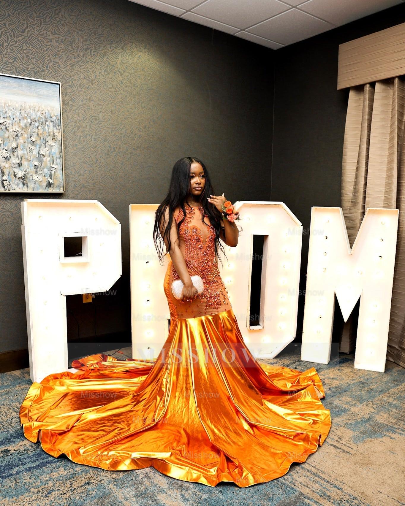 Attractive Orange Sleeveless Crew Mermaid Prom Dress with Chapel Train