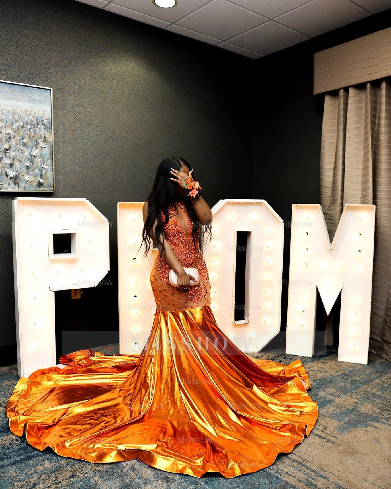 Attractive Orange Sleeveless Crew Mermaid Prom Dress with Chapel Train