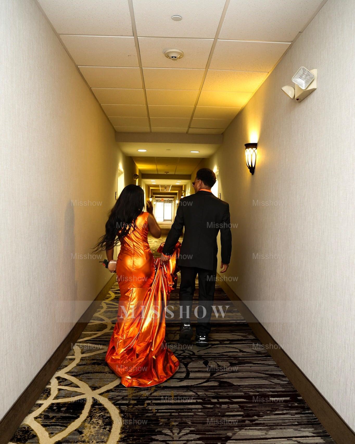 Attractive Orange Sleeveless Crew Mermaid Prom Dress with Chapel Train