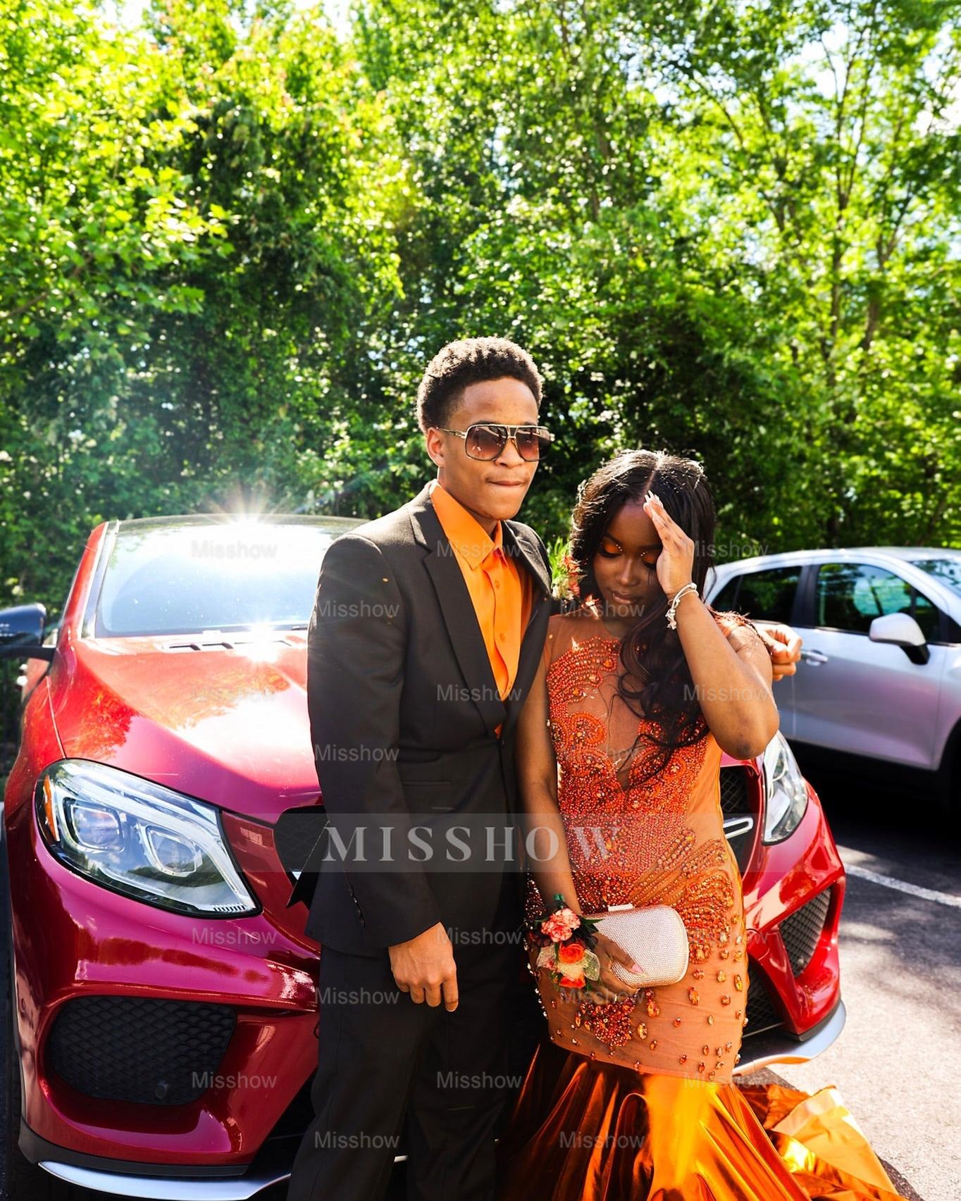 Attractive Orange Sleeveless Crew Mermaid Prom Dress with Chapel Train