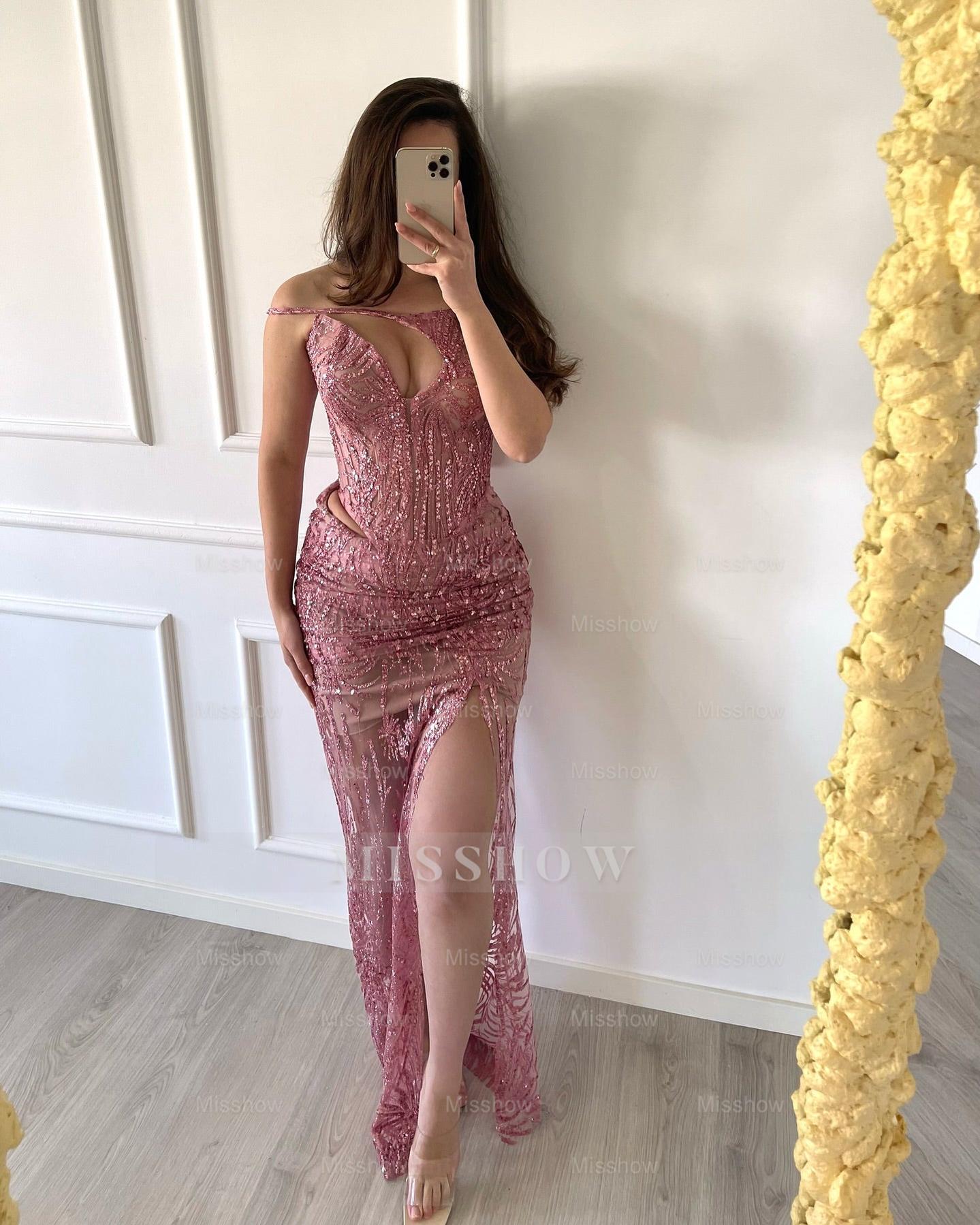 Attractive Wisteria One Shoulder Sleeveless Mermaid Evening Dress with Front Split