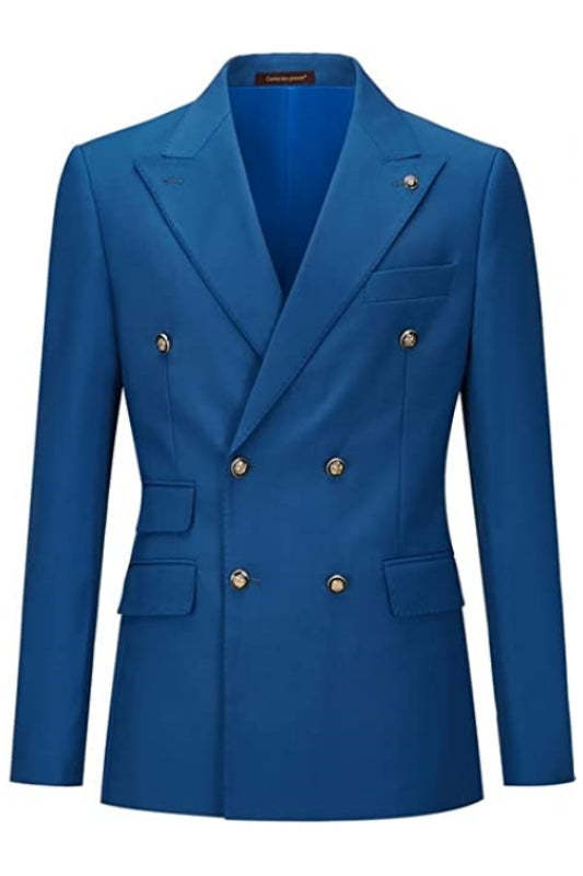 Simple Blue Double Breasted Peaked Lapel Prom Outfit