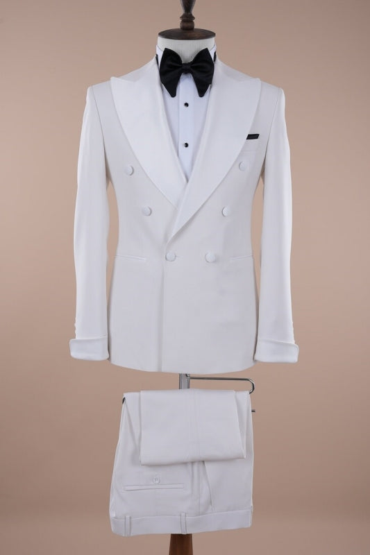 Simple White Double-Breasted Peaked Lapel Prom Suit