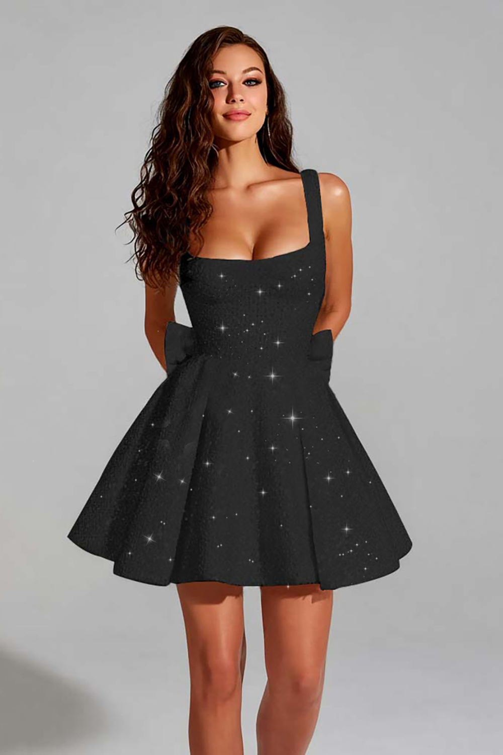 Sparkly Black A Line Square Neck Short Cocktail Dress With Bow