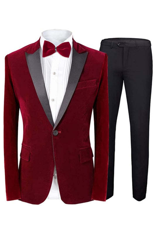 Fancy Red Two-Piece Velvet Peaked Lapel Prom Suit For Men