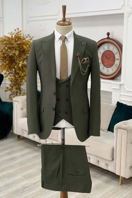 Dark Green Peaked Lapel Three-Piece New Arrival Prom Suit