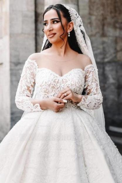 Ball Gown Sweetheart Long Sleeve Floor-Length Stain Wedding Dresses with Lace