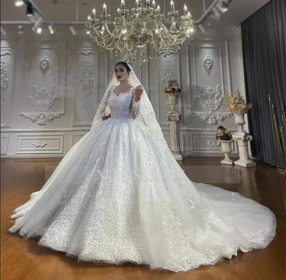 Ball Gown Sweetheart Tulle Long Sleeves Appliques Floor-Length Wedding Dresses with Lace