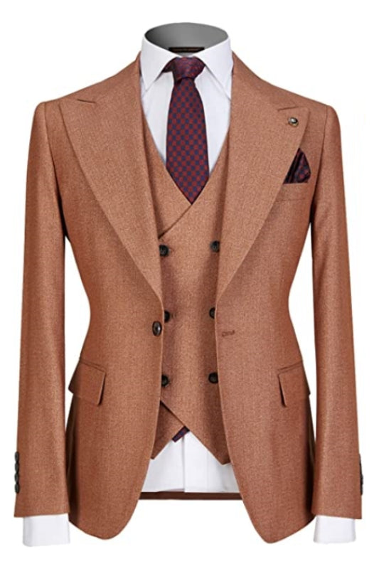 Custom Brown Peaked Lapel Three-Piece Business Suit for Men