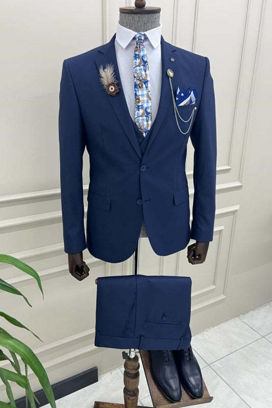 Navy Notched Lapel Three-Piece Slim Collar Prom Suit