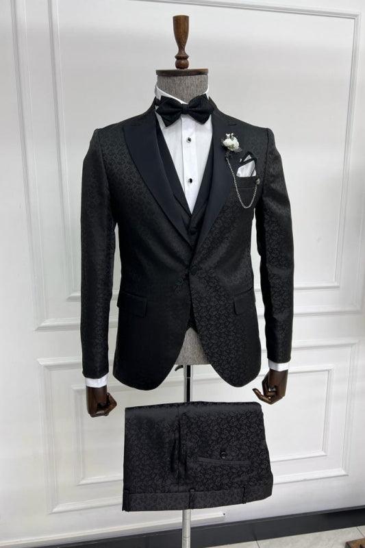 Classic Black Jacquard Notched Lapel Three-Piece Prom Ensemble