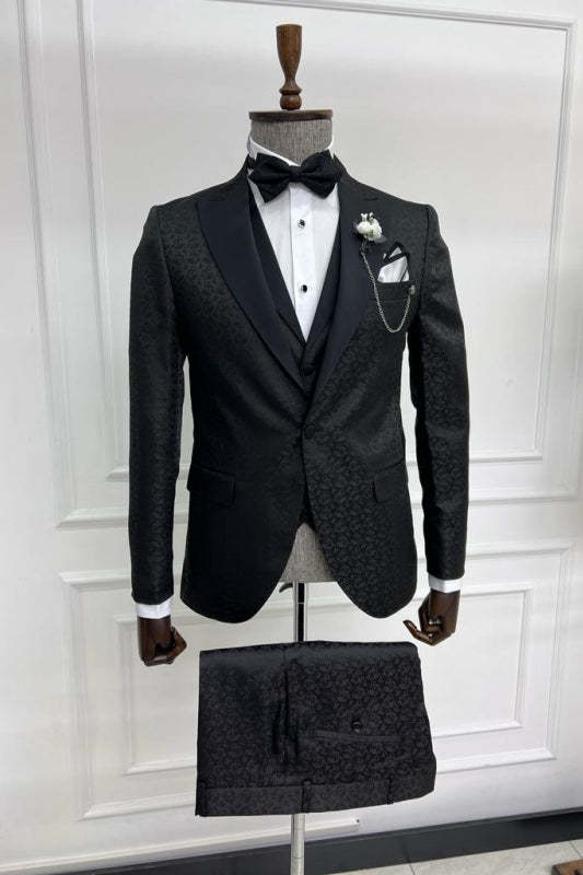 Classic Black Jacquard Notched Lapel Three-Piece Prom Ensemble