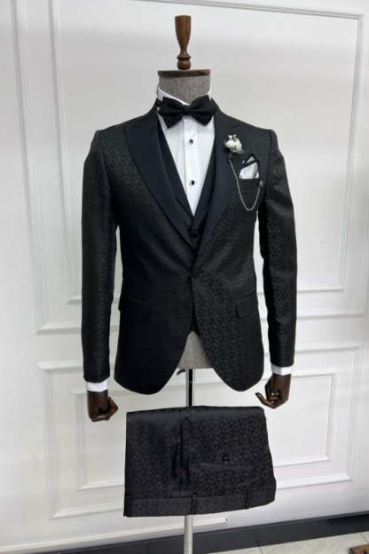 Classic Black Jacquard Notched Lapel Three-Piece Prom Ensemble