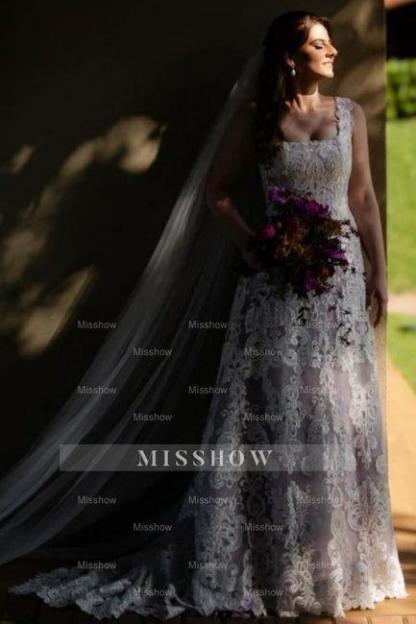 Beautiful A-Line Lace Square Sleeveless Ivory Long Wedding Dress With Appliques