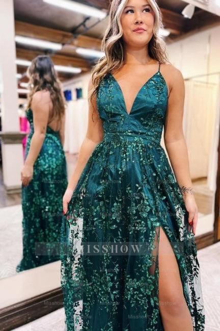 Beautiful A-Line Lace V-Neck Sleeveless Prom Evening Dresses With Appliques Split