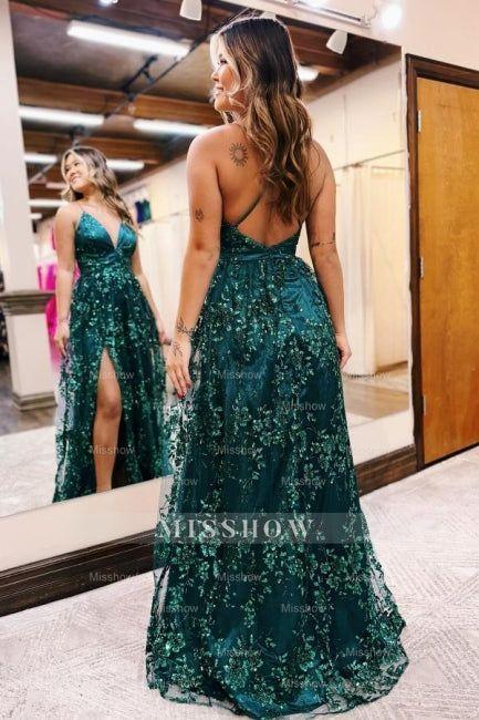 Beautiful A-Line Lace V-Neck Sleeveless Prom Evening Dresses With Appliques Split