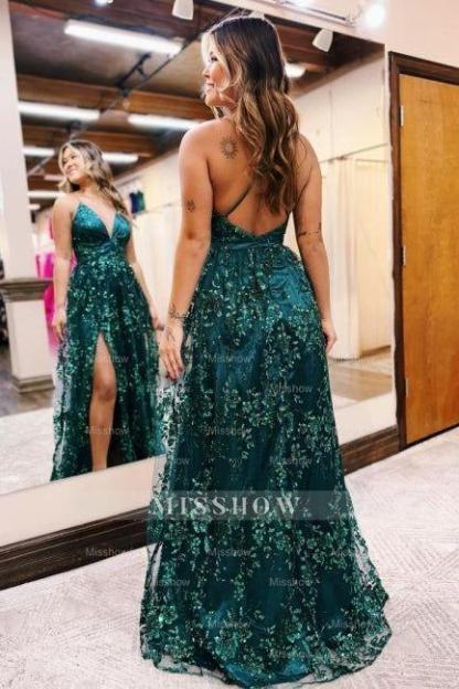 Beautiful A-Line Lace V-Neck Sleeveless Prom Evening Dresses With Appliques Split