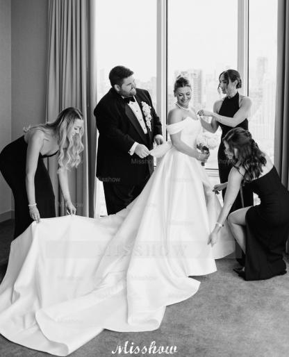 Beautiful A-Line Off-The-Shoulder Scoop Sleeveless Ruffles Satin Split Front White Wedding Dresses