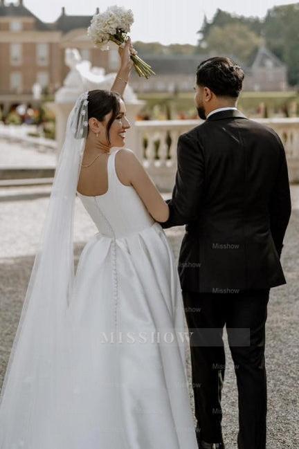 Beautiful A-Line Satin Sleeveless White Wedding Dresses With Split Front