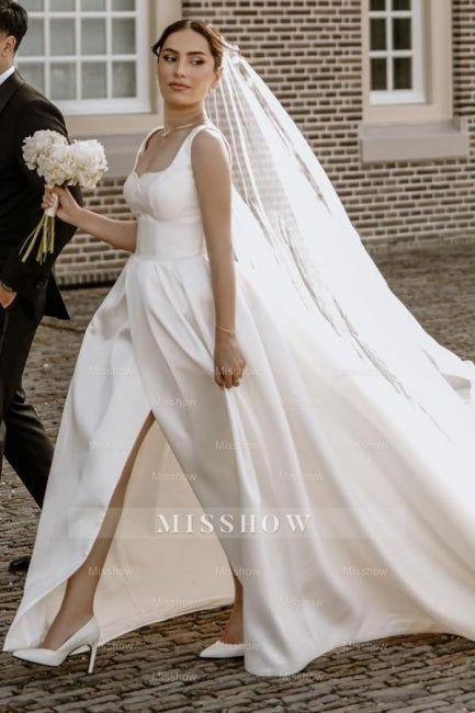 Beautiful A-Line Satin Sleeveless White Wedding Dresses With Split Front