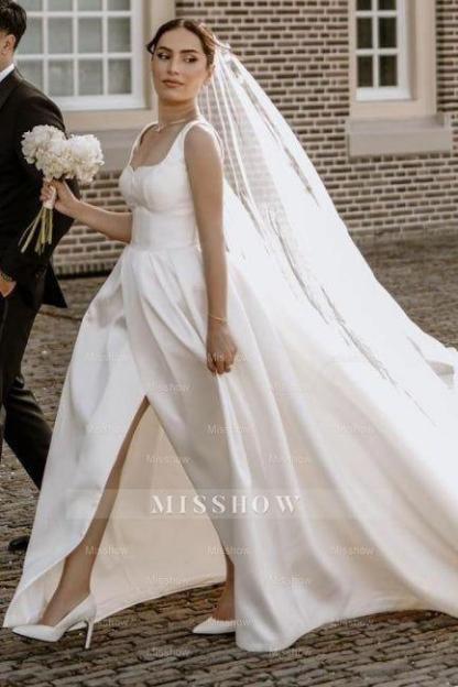 Beautiful A-Line Satin Sleeveless White Wedding Dresses With Split Front