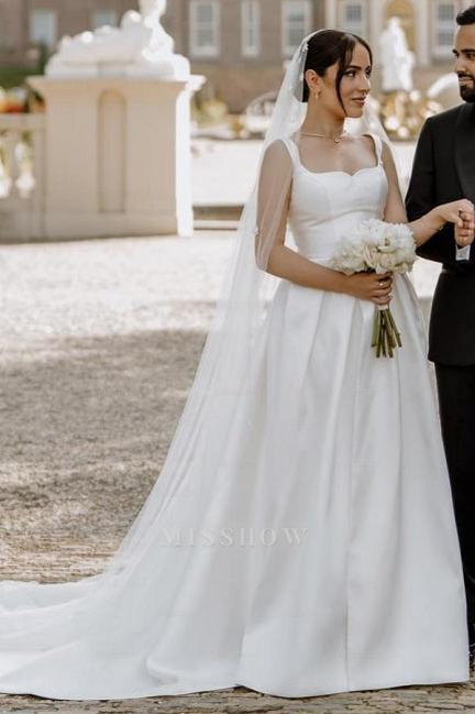 Beautiful A-Line Satin Sleeveless White Wedding Dresses With Split Front