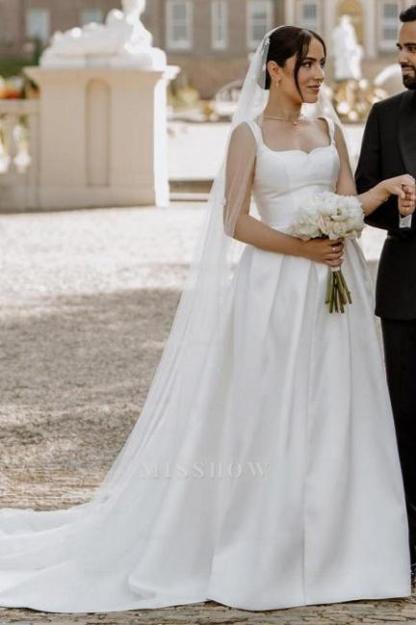 Beautiful A-Line Satin Sleeveless White Wedding Dresses With Split Front
