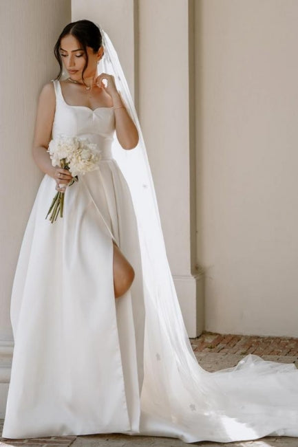 Beautiful A-Line Satin Sleeveless White Wedding Dresses With Split Front