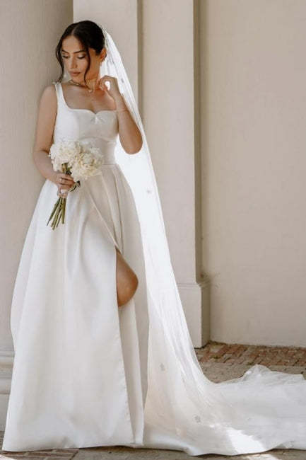 Beautiful A-Line Satin Sleeveless White Wedding Dresses With Split Front