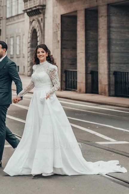 Beautiful A-line Long High Neck Lace Chiffon Wedding Dresses with Long Sleeves