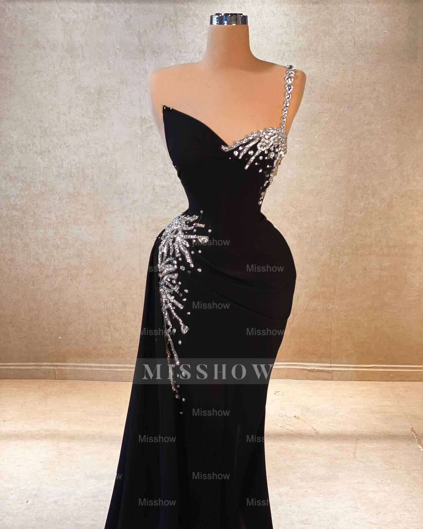 Beautiful A-line One Shoulder Sleeveless Rhinestone Chiffon Black Prom Dress