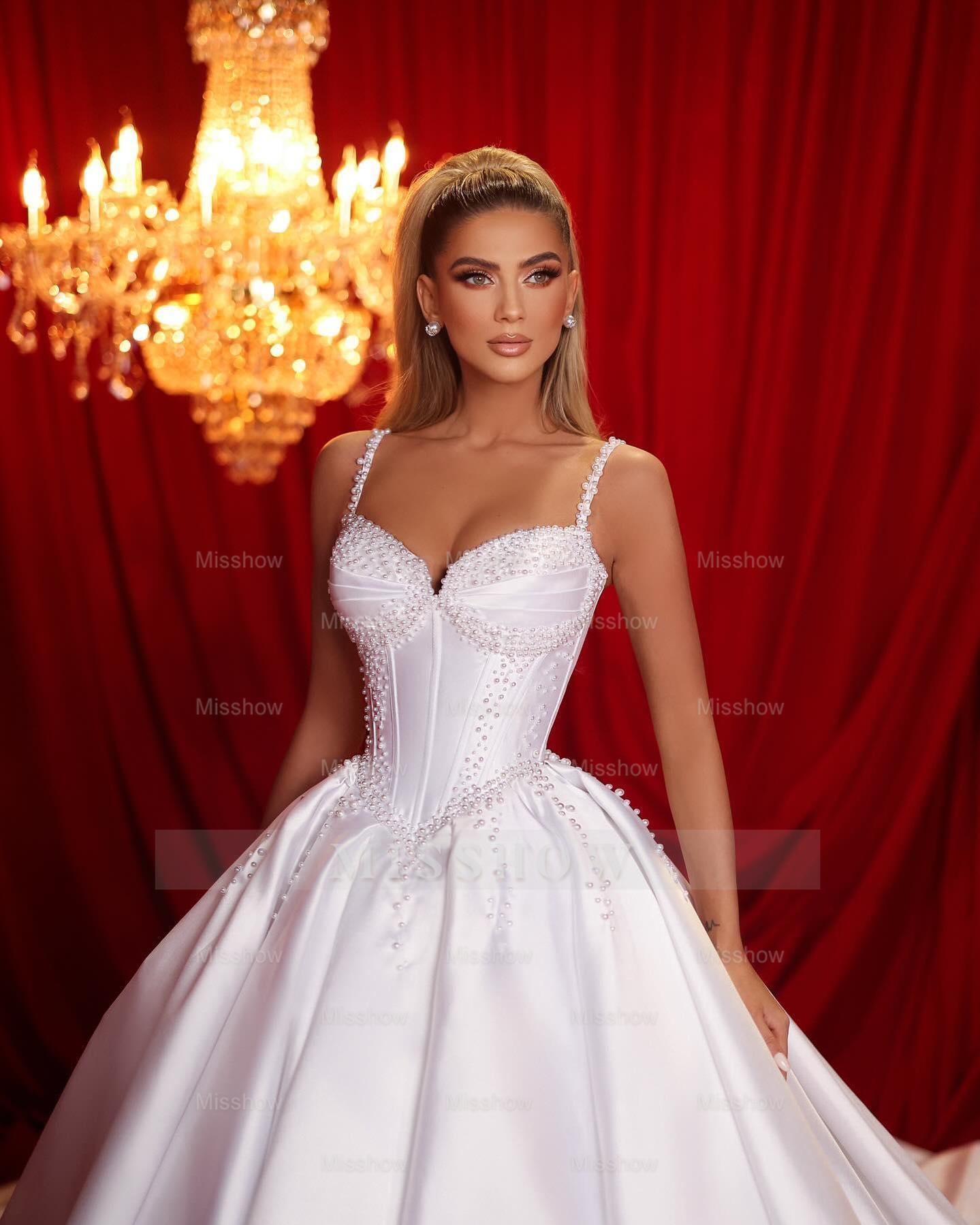 Beautiful A-line Spaghetti Straps Sleeveless Ruffles Satin Train White Long Wedding Dress