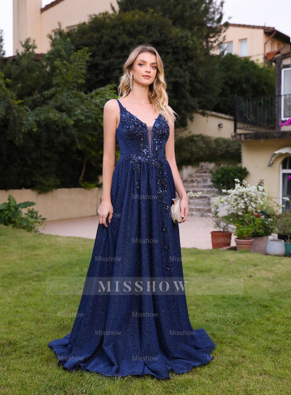 Beautiful A-line V-Neck Glitter Beadings Floor Length Dress with Appliques Navy