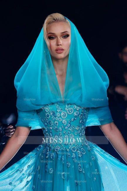 Beautiful Blue Off-The-Shoulder A-Line Sleeveless Long Tulle Prom Dresses With Appliques