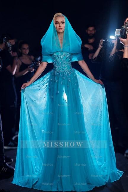Beautiful Blue Off-The-Shoulder A-Line Sleeveless Long Tulle Prom Dresses With Appliques