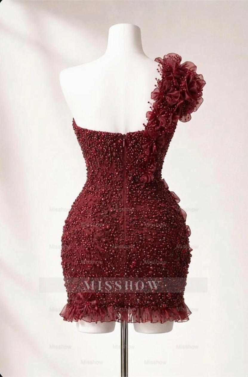Beautiful Burgundy One shoulder Beaded Flowers Sleeveless Short Evening Dress