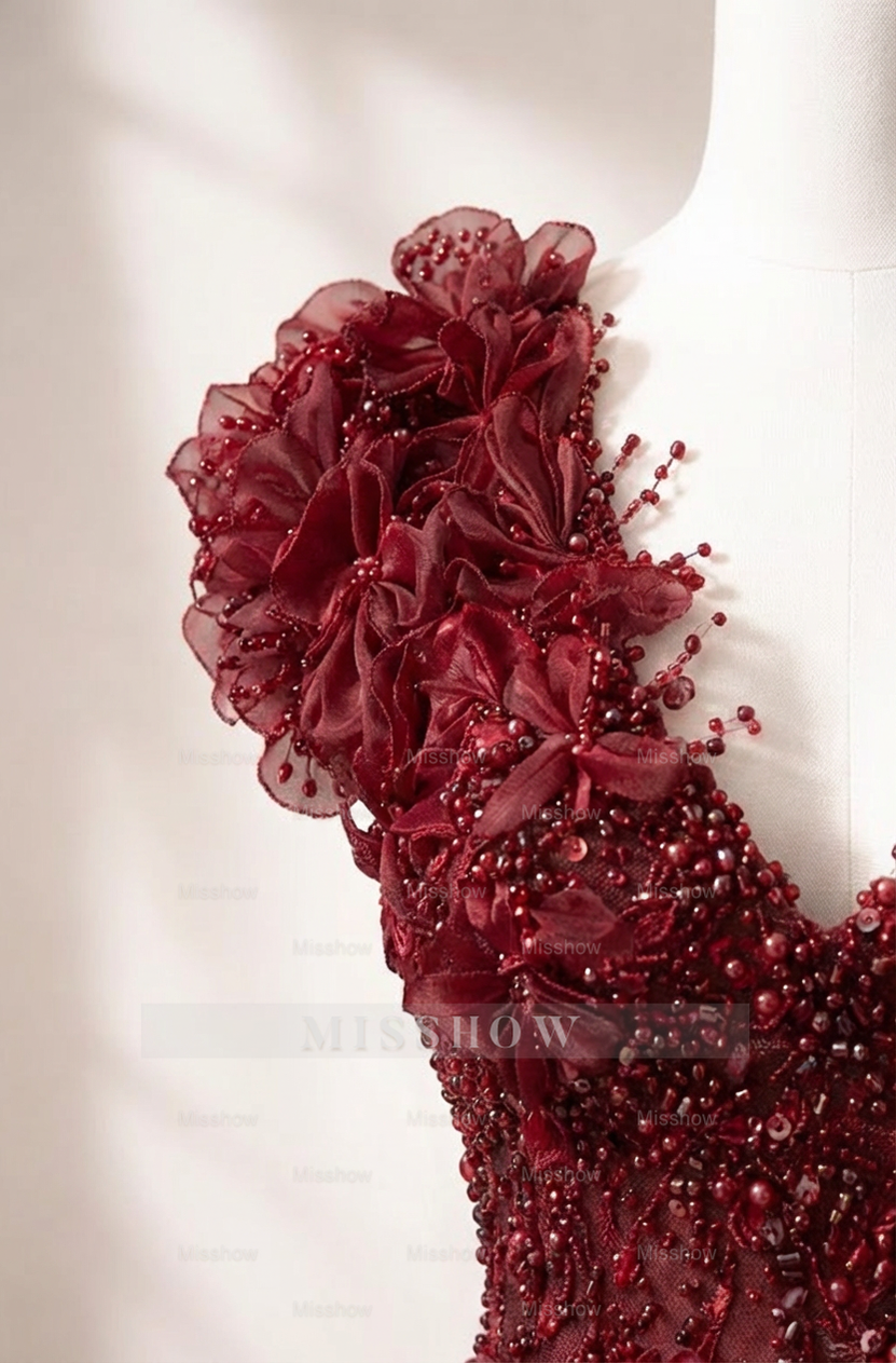 Beautiful Burgundy One shoulder Beaded Flowers Sleeveless Short Evening Dress