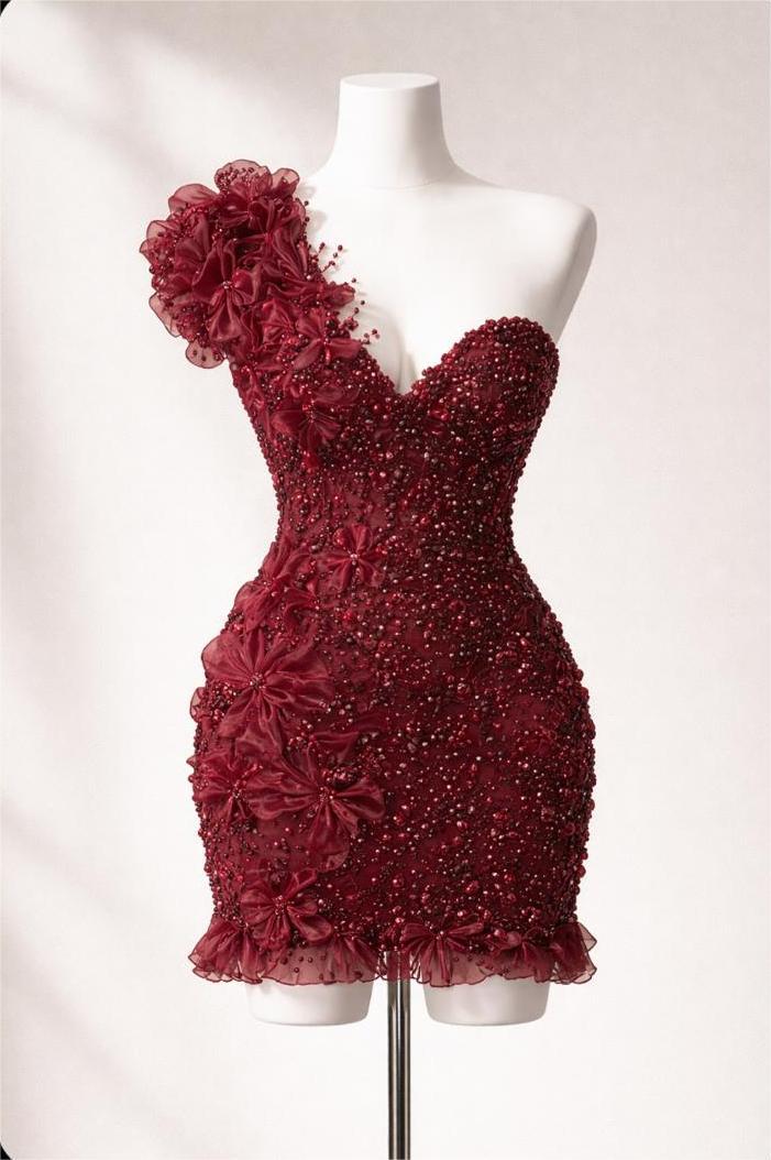 Beautiful Burgundy One shoulder Beaded Flowers Sleeveless Short Evening Dress
