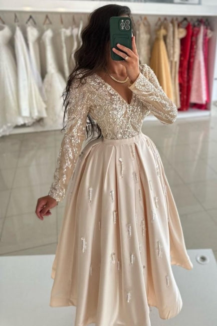 Beautiful Champagne V-neck Ankle Length Long Sleeves Draped Satin Graduation Dresses With Sequins