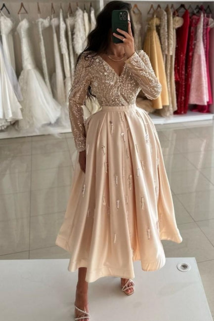 Beautiful Champagne V-neck Ankle Length Long Sleeves Draped Satin Graduation Dresses With Sequins
