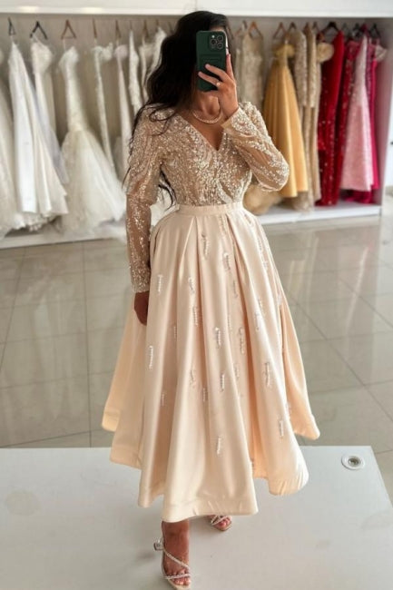Beautiful Champagne V-neck Ankle Length Long Sleeves Draped Satin Graduation Dresses With Sequins