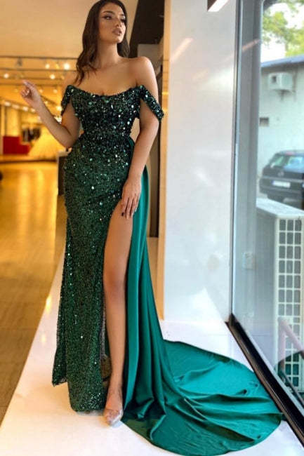 Beautiful Column Satin Off-The-Shoulder Sleeveless Green Prom Evening Dresses With Split Front