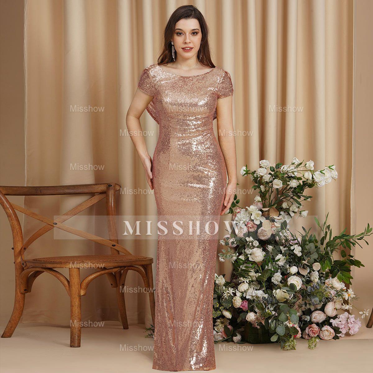 Beautiful Column Scoop Short Sleeve Sequined Prom Dresses