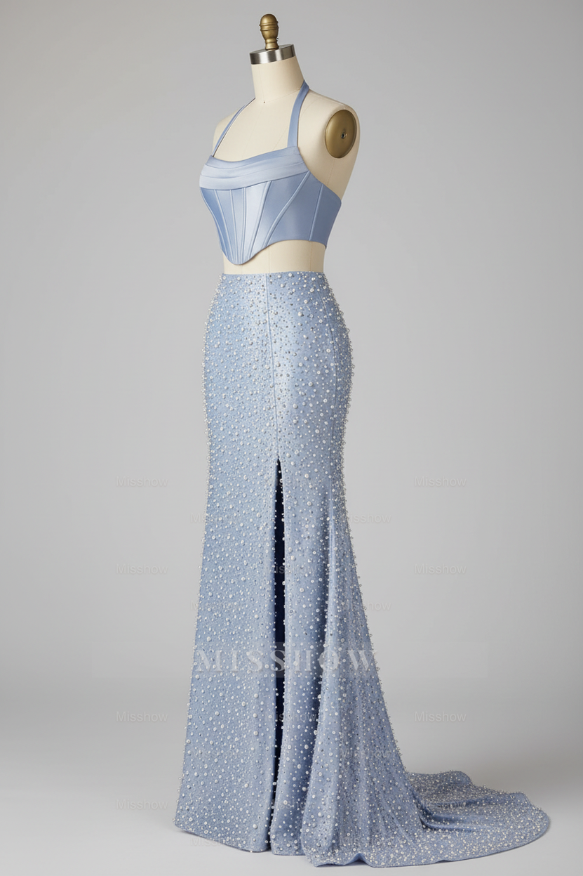 Beautiful Light Blue Two-Piece Beaded Prom Dress with Cutout Waist and High Slit